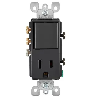 Interruptor de 3 vías con tomacorriente Leviton 5645-E negro 15A 120V Decora con receptáculo NEMA 5-15R y conexión a tierra.