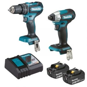 Kit Makita DLX2416X1 de 18V con rotomartillo inalámbrico DHP485, atornillador de impacto DTD157, dos baterías y cargador