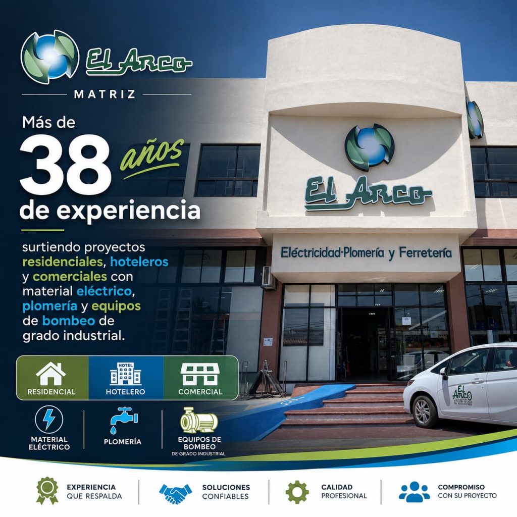 Fachada de Eléctrica y plomería El Arco Matriz con mensaje de más de 38 años de experiencia surtiendo proyectos residenciales, hoteleros y comerciales con material eléctrico, plomería y equipos de bombeo de grado industrial.