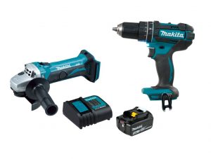 Kit Makita DLX2401ST con rotomartillo inalámbrico DHP482, miniesmeriladora DGA452, batería BL1850B de 5.0Ah y cargador DC18SD.