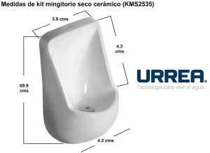 Mingitorio seco cerámico blanco Urrea KMS2535 100% libre de agua con ahorro de hasta 120,000 litros al año
