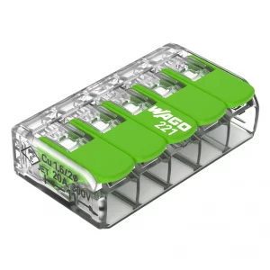 Borna de conexión WAGO 221-425 serie 221 con carcasa transparente y palancas verdes para 5 conductores